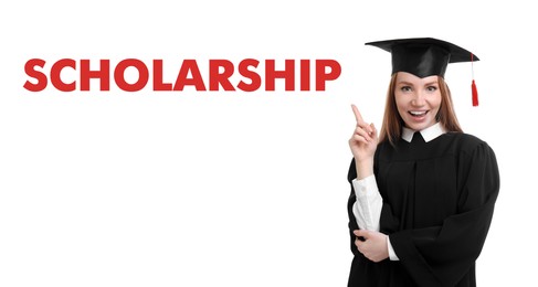 Image of Scholarship concept. Happy student wearing graduation hat on white background