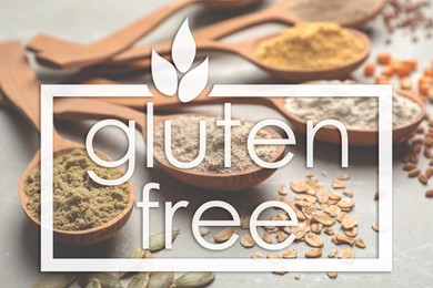 Image of Gluten free products. Spoons with different types of flour on table and text