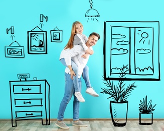 Happy couple dreaming about renovation in empty room. Illustrated interior design