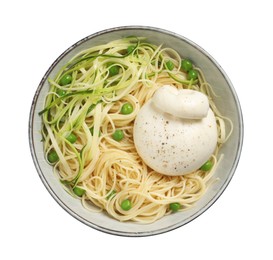 Photo of Bowl of delicious pasta with burrata, peas and zucchini isolated on white, top view