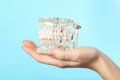 Woman holding educational model of oral cavity with teeth on color background