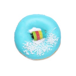 Photo of Tasty frosted donut decorated with coconut shavings and rainbow sour candy isolated on white, top view