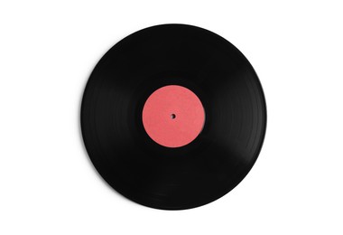 Vintage vinyl record on white background, top view