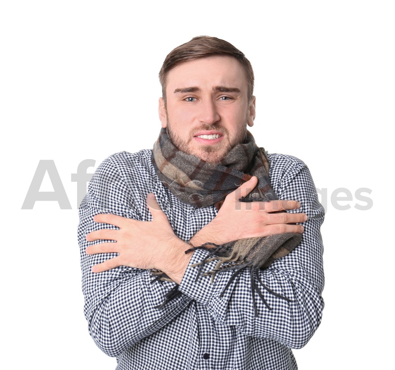 Young man with cold on white background