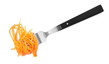 Fork with delicious Korean carrot salad on white background, top view