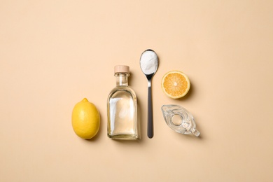 Flat lay composition with vinegar on color background