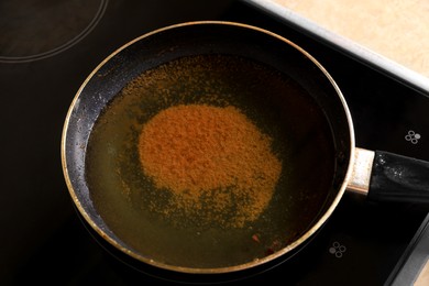 Frying pan with used cooking oil on stove