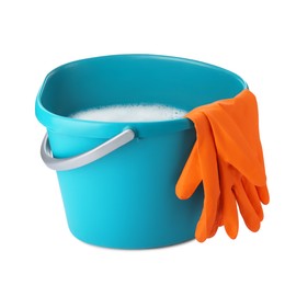 Turquoise bucket with detergent and gloves isolated on white