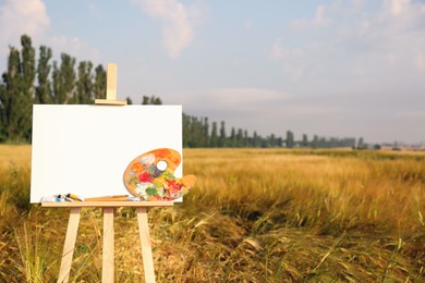 Wooden easel with blank canvas and painting equipment in field. Space for text
