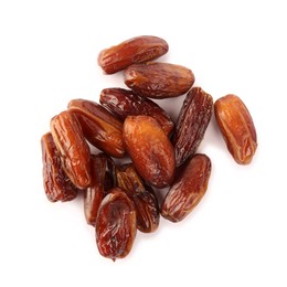 Heap of tasty sweet dried dates on white background, top view