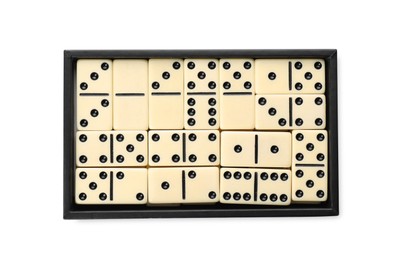 Dominoes set on white background, top view. Board game
