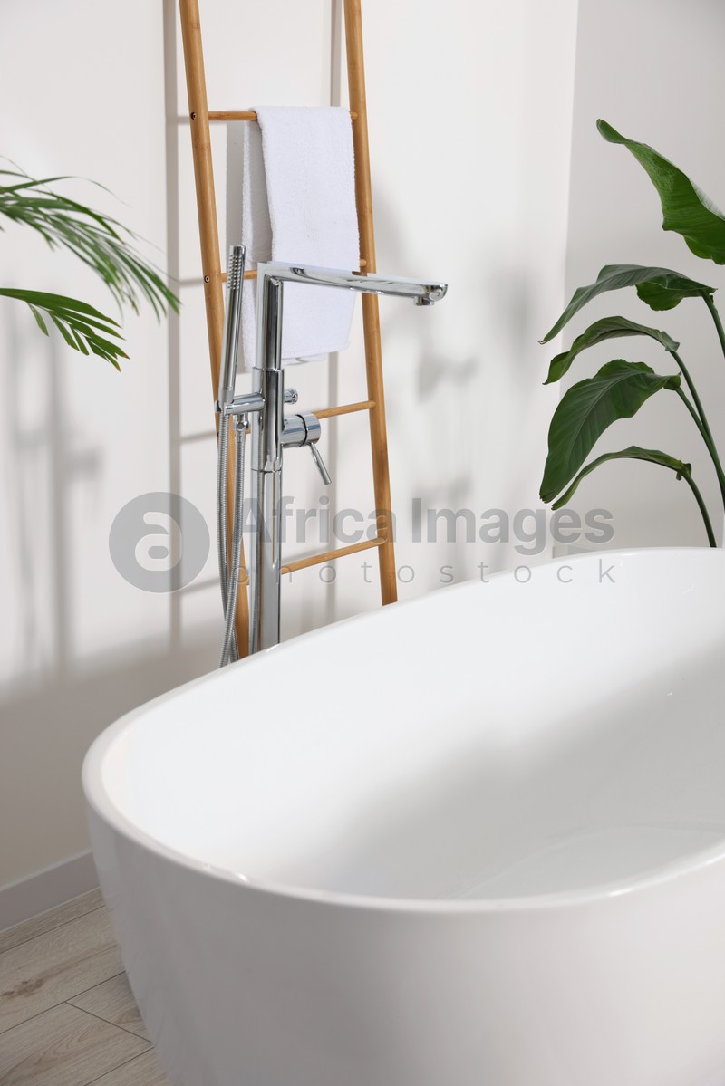 Stylish ceramic tub and beautiful houseplants in bathroom. Interior design