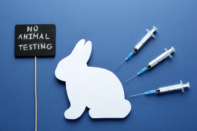 Signboard with text No Animal Testing, figure of rabbit and syringes on blue background, flat lay