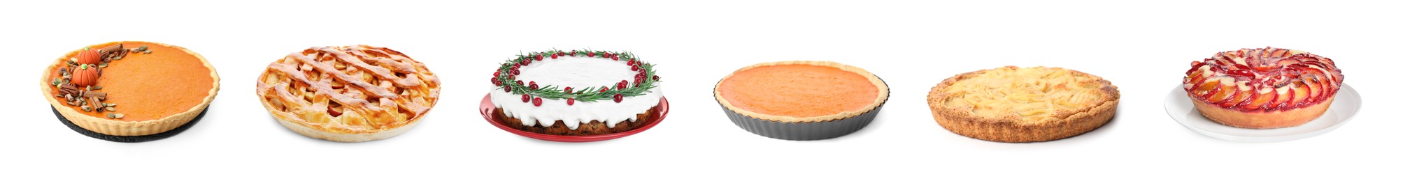 Set with different delicious pies on white background. Banner design