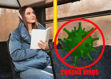 Woman keeping distance in trolleybus. Coronavirus outbreak 