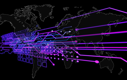 Futuristic dashboard of business analytics information. Digital schema and world map on black background