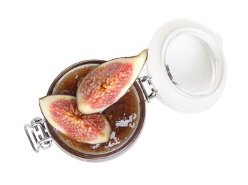 Photo of Glass jar of tasty sweet fig jam isolated on white, top view