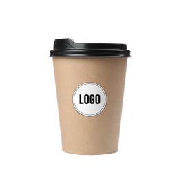 Takeaway paper coffee cup with logo on white background