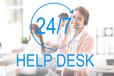 Young receptionist with headset in office. Help desk service