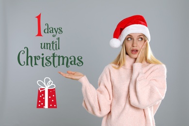 Christmas countdown. Surprised woman wearing Santa hat on light grey background near text