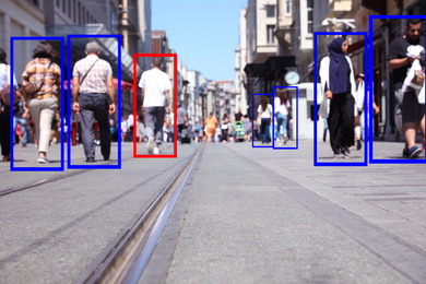 Beautiful city street with scanner frames on people outdoors, low angle view. Machine learning