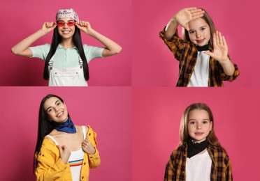 Collage with photos of woman and little girl wearing stylish bandanas on pink background