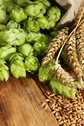 Photo of Fresh green hops, wheat grains and spikes on wooden table, closeup