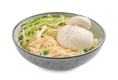 Photo of Bowl of delicious pasta with burrata, peas and zucchini isolated on white
