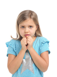 Scared little girl wearing casual outfit on white background