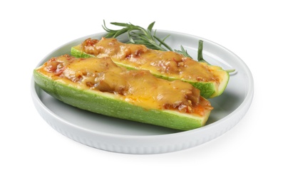 Plate of delicious stuffed zucchini on white background