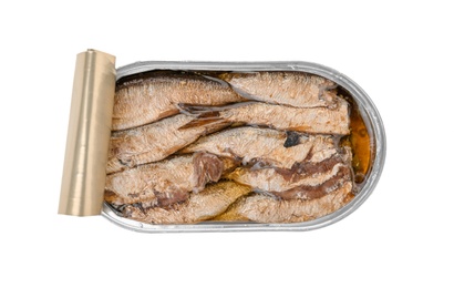 Tin can with conserved fish on white background, top view