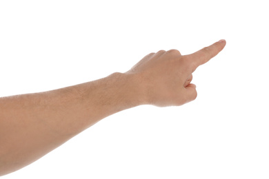 Man pointing at something against white background, closeup of hand