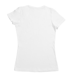 Photo of Stylish female T-shirt isolated on white, top view