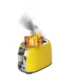 Image of Toaster flaming up while cooking slices of bread on white background. Unsafe appliance 