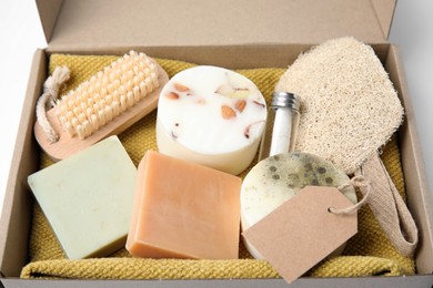 Cardboard box with eco friendly personal care products, closeup