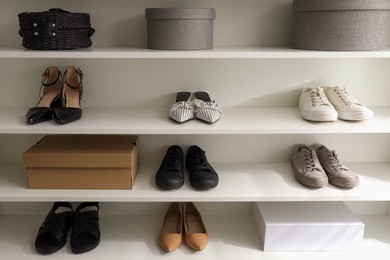 Storage rack with stylish women's shoes and accessories