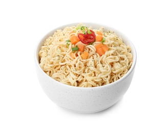 Photo of Tasty instant noodles with vegetables in bowl isolated on white