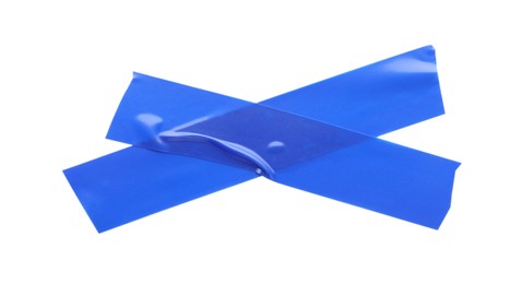 Photo of Crossed pieces of blue insulating tape on white background, top view