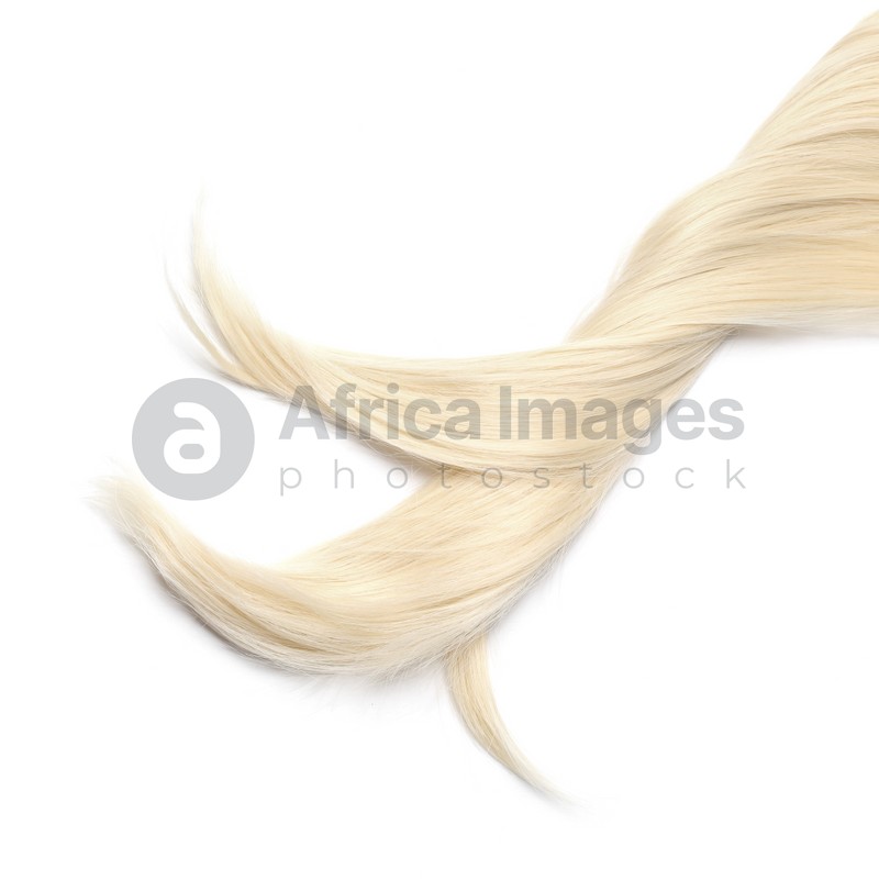 Lock of beautiful blonde straight hair isolated on white, top view