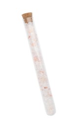 Glass tube with pink himalayan salt on white background, top view