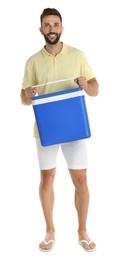 Happy man with cool box on white background