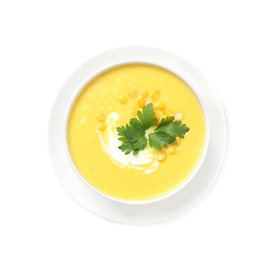 Delicious creamy corn soup isolated on white, top view