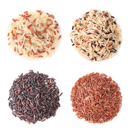 Set with different types of rice on white background, top view