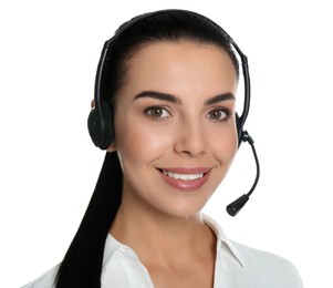 Beautiful young consulting manager with headset on white background
