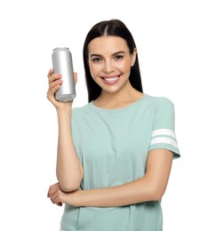 Beautiful happy woman holding beverage can on white background