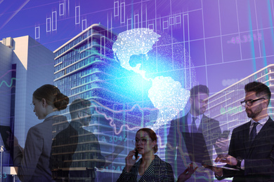 Image of Multiple exposure with scheme, illustration of Earth and businesspeople. Fintech concept