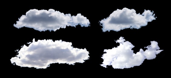 DIfferent white clouds on black background, collage. Banner design
