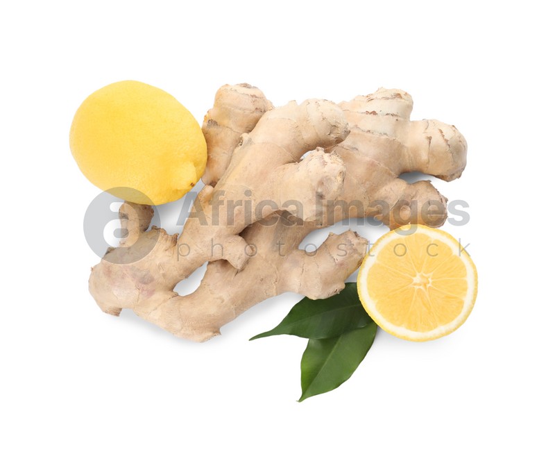 Photo of Fresh lemons and ginger on white background, top view