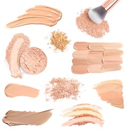 Set with different liquid foundation and face powder on white background, top view