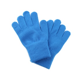 Blue woolen gloves on white background, top view. Winter clothes